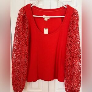 Maeve - Anthropologie Orange/Red Crocheted Sleeve Blouse. Brand new with tag.